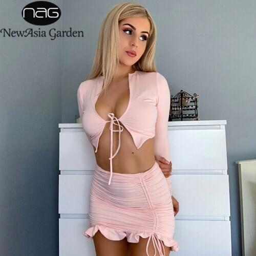 NewAsia Crop Tops Mini Skirts Two Piece Set Women Autumn Long Sleeve Side Drawstring Pleated Party 2 Piece Set Casual Outfit