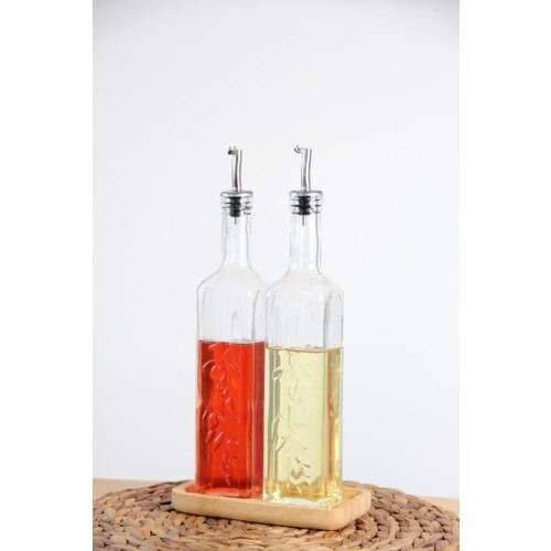 Pasabahce 80229 Metal Tip Oil Vinegar Bottle Set 500 ml Bamboo Standing 2'li