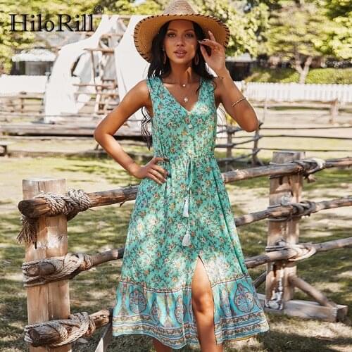 HiloRill Summer Floral Print Vintage Dress Sleeveless Boho Midi Dress Front Breasted Retro Pleated Beach Dress Vestido De Mulher