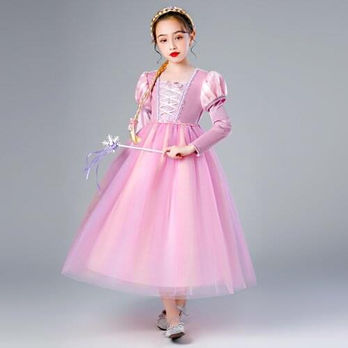 Princess pink purple puff sleeve long sleeve dress gauze skirt new cosplay square neck ribbon decoration little princess dress