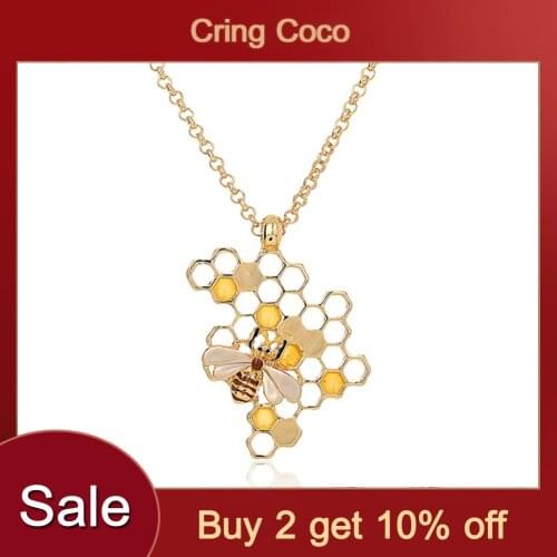 Cring Coco 2020 Enamel Bee Pendants Necklaces for Women Gold Color Hollow Honeycomb Chain Choker Necklace Female Birthday Gifts