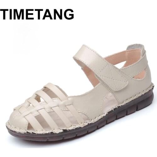 TIMETANG Womens Sandals 2019 Summer Genuine Leather Handmade Ladies Shoe Leather Sandals Women Flats Retro Style Mother Shoes