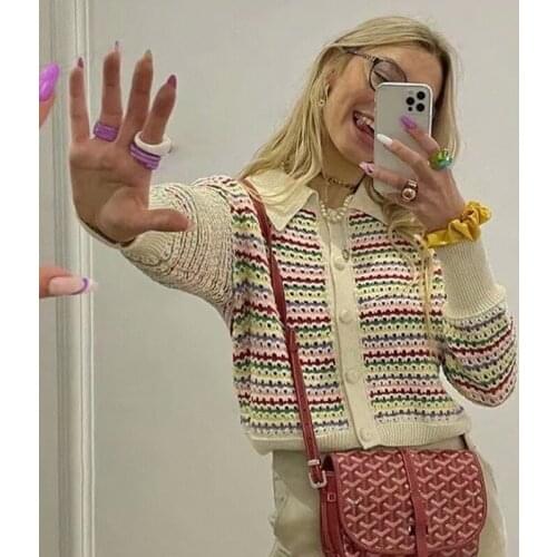 Turn-down Collar E Girl Cropped Autumn Long Sleeve Crochet Y2K Cardigan Women Striped Patchwork Vintage Knitted Sweater