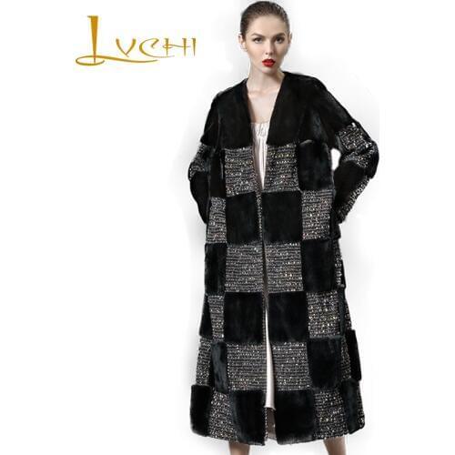 LVCHI Winter2017 Patchwork Diamonds Import Mink Fur Coat Womens Long Sleeve Coat Pocket Natural Fur V-Neck X-Long Mink Coats