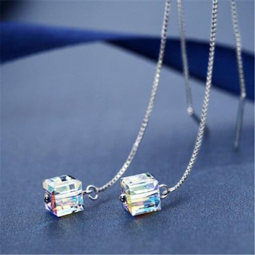 925 Sterling Silver Long Chain Crystal Square Bead Drop Earring For Women Girls Wedding Party Elegant Jewelry eh423