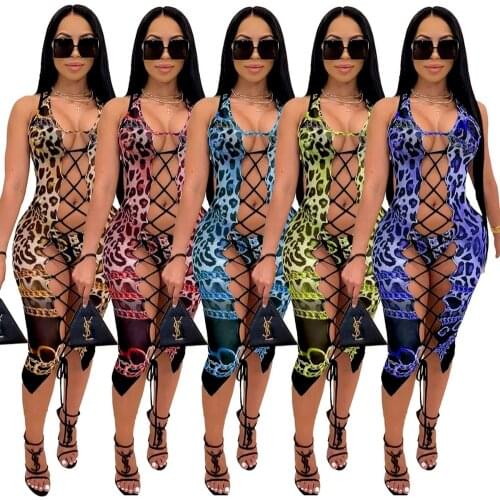3pcs/set Sexy Leopard Bikini Sets Summer Hollow out Bandage Tank Dress + Sexy Bra Halter Crop Top + Brief 2021 Women Beach Wear