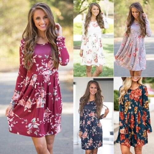Dress Womens Fashion Popular Spring And Autumn Printing Long Sleeve Large Swing Multi Color Round Neck Street Fashion Dress