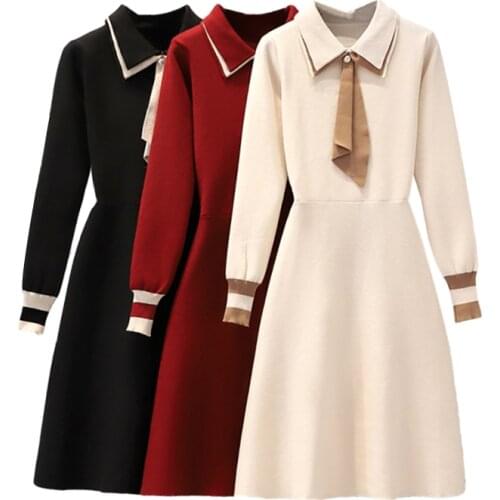 Plus Size Knitted Sweater Dress Jumper Long Sleeve Women Warm Winter Thick Sweater Elegant Patchwork Sailor Collar Jumper Dress
