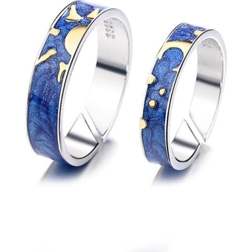 2Pcs Van Gogh Blue Starry Sky Open Ring Day and Night Sun and Moon Always Thinking You Lover Rings Band Romantic Jewelry