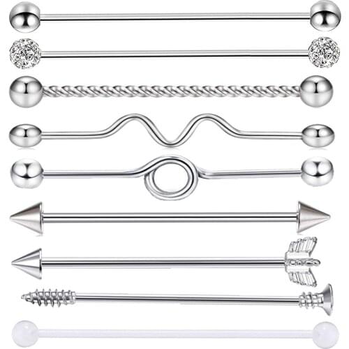 9PCS A Set Stainless Steel Industrial Barbell Earrings Screw Ear Cartilage Tragus Helix-Conch Body Piercing Jewelry 14G