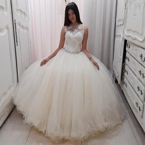 Angelsbridep Sheer Neck Ball Gown Quinceanera Dresses For 15 Party Formal Appliques Crystal Floor-Length Princess Birthday Gowns