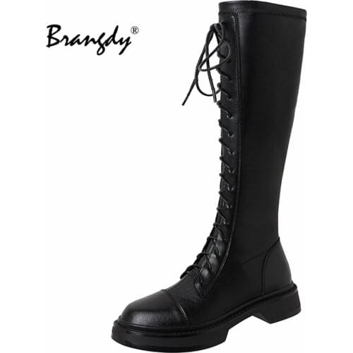 Brangdy Newest High Heels Cow Leather Women Knee High Boots Zipper Plus Size Female Riding Boots lace up Dancing Shoes Woman