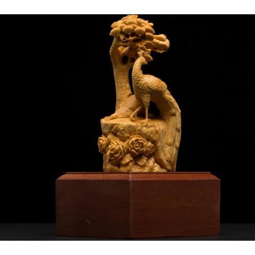Wooden Peacock Animal Sculpture Boxwood Home Feng Shui Decorative Carving Craft Peacock Open Animal Wood Carving Decoration