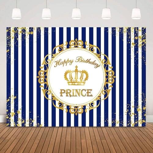 Little Prince Birthday Party Backdrop Blue and White Stripes Golden Points Photo Shoot Boy Happy Birthday Cake Table Background
