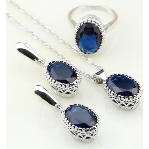 Crown 925 Sterling Silver Jewelry Blue Birthstone Charms Bridal Jewelry Sets For Women Wedding Earring/Pendant/Necklace/Ring