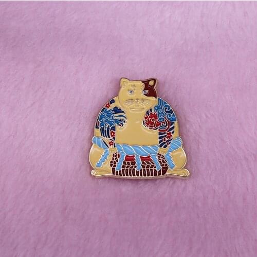 Cream Sumo Yakuza cat hard enamel pin inspired by Japanese culture