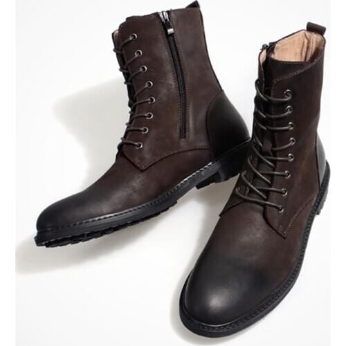 New Winter Men Boots Short Plush Botas Hombre Lace-up Cowhide Genuine Leather Boots Men Mid-calf Military Boots Combat Boot