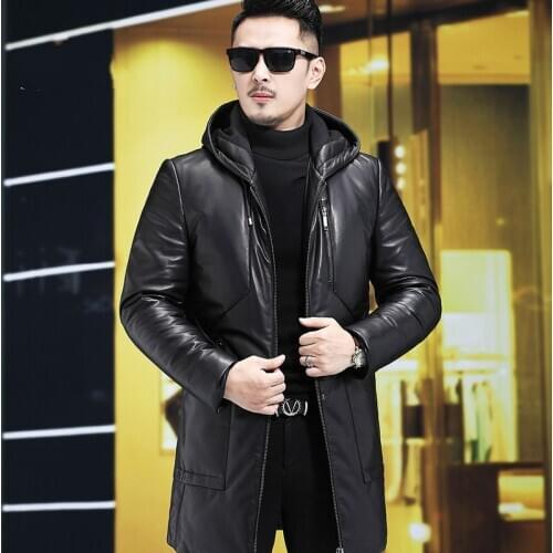 Genuine Leather Down Jacket Mens Autumn and Winter Warm Sheepskin Long Hooded Fur Coat Clothes