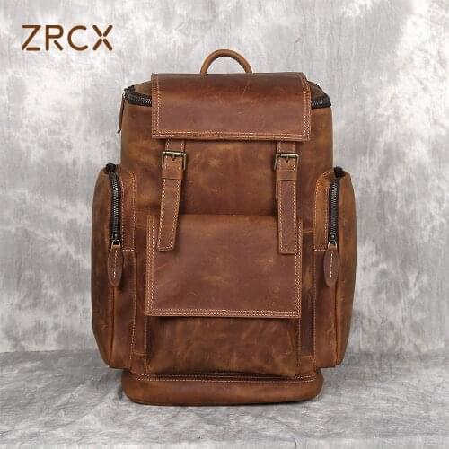 ZRCX Vintage Mens Genuine Leather Backpack First Layer Cowhide Backpack Leisure Travel Bag Large Capacity Laptop Bag For 15inch