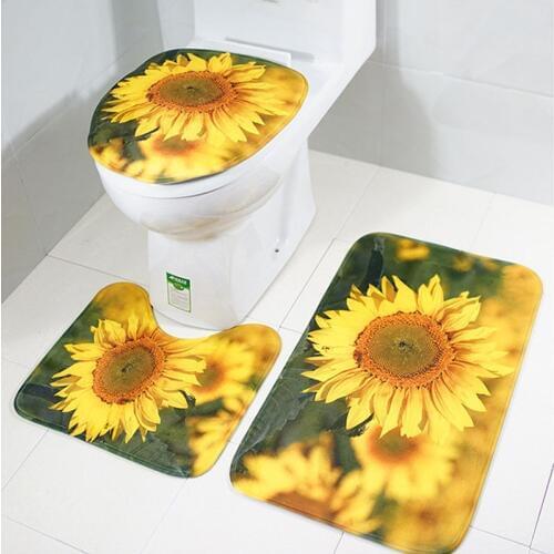 3 PCS Flannel Bathroom Floor Mat Set with sunflower Printing Toilet Seat Cover and Rugs Non-Slip Absorbent Bathroom Carpet set