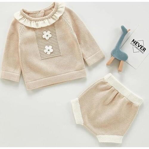 New 2021 Autumn Winter Kids Girl Suit Clothes Infant Baby Boys and Girls Knit Long Sleeve Lace Top + Shorts Pants Clothing Sets