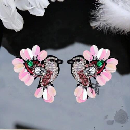 2 pair handmade pink sequin birds patches for clothing DIY rhinestone beaded Sew on patch embroidery applique