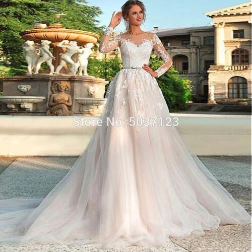 Cheap A Line Long Sleeves Wedding Dresses O Neck Lace Appliques Button Lace Up Tulle Court Train Bridal Gowns Vestido De Noiva
