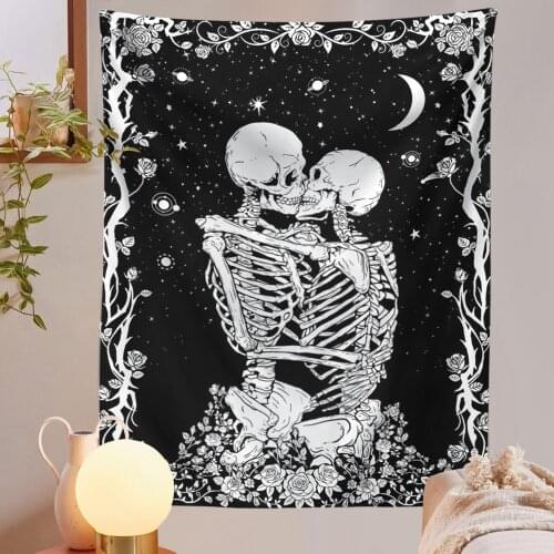 Kiss Skull Tapestry Wedding Moon Skeleton Tapestry Starry sky Tapestry Starry Tapestry Black and White Stars Tapestry for Room