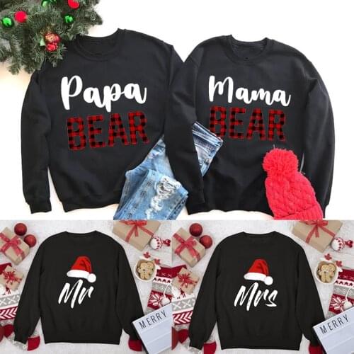 Santa Hat Bear Papa Mama Print Christmas Sweatshirt Men Women Harajuku Hoodie O Neck Pullover Hooded Autumn Spring Hoodies Tops