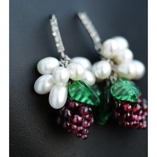 Natural Freshwater pearl Garnet purple grapes 925 Sterling silver hook Drop Earring handmade Jewelry Birthstone cute Gift