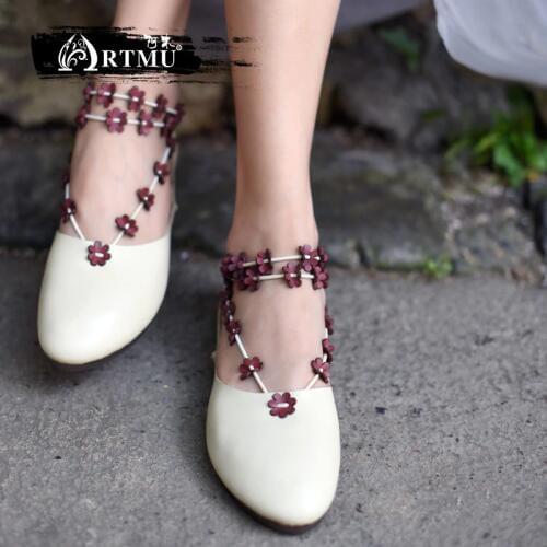 Artmu Original New Flowers Simple Flat Shoes Genuine Leather Soft Sole Handmade Women Shoes 1860-17