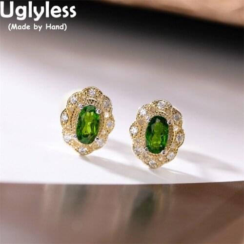 Uglyless Natural Diopside Green Gemstones Studs Earrings for Women Elegant Zircons Crystals MINI Earrings 925 Silver Brincos