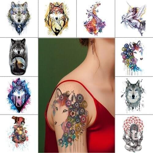 Wolf waterproof fake tattoo Horse bear panda watercolor Temporary Body Tattoo Sticker Animal tattoo for men women 210*148mm
