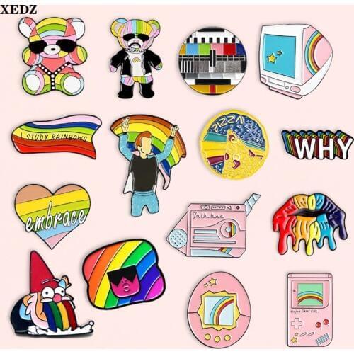 XEDZ Rainbow Brooch Collection Doll Boy Banner Retro TV Game Love Pizza Sheep WHY Christmas Man Lip Pencil Party Gift Enamel Pin
