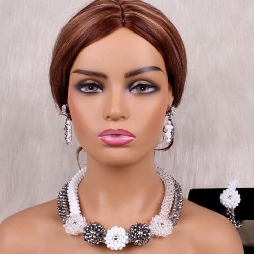 Dudo Jewellery Silver and White Necklace Bracelet Earrings Jewelry Set Crystal Handmade Craft African beads Nigerian Weddings