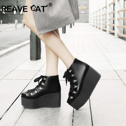 REAVE CAT Gothic PU Leather Spring Ankle Boots for Women Ultra High Heel Shoes woman Platform boots botas mujer plus size S750a
