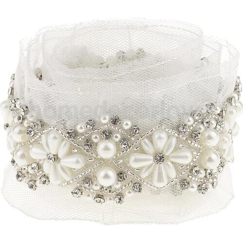 90cm Handmade Beaded Sewing Lace Trims Mesh Ribbon Applique for Wedding Dress Decor Craft White 5.5cm