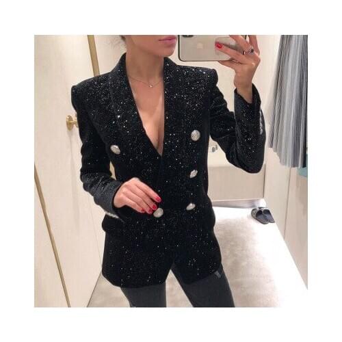 Fall winter womens blazer velvet double breasted jacket coat shawl collar twinkle sequins slim suits outerwear streetwear