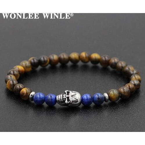 Stainless Steel Skull Head Bead Charms Strand Bangles 6mm Natural Tiger Eye Lava Stone Beaded Stretch Bracelets for Men&Women