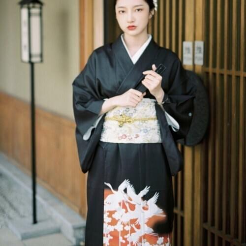 Black Woman Lady Japanese Tradition Yukata Kimono With Obi Flower Vintage Kimonos Dress Cosplay Costume Asian Dress 11510