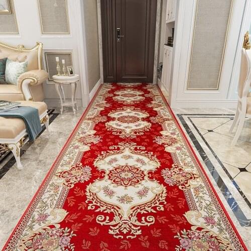 European Style Luxury Rug Red Corridor Runner Carpet Room Decor Hotel Stairs Aisle Rug Jacquard Weave Kitchen Carpet Washable