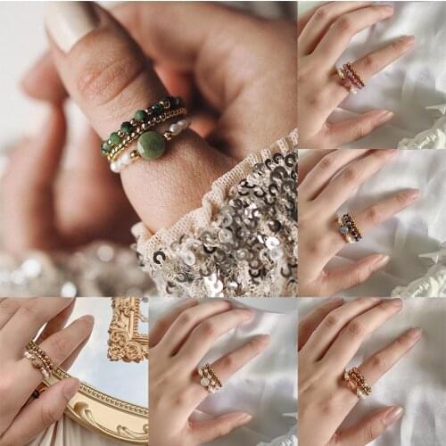 Bohemian Ring Set Natural Stone Freshwater Pearl Stainless Steel Beads Imitation Pearl Moonstone Crystal Rings for Women Gifts