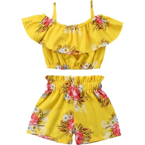 Kid Girls Summer Clothing Set Off Shoulder Floral Top + High Wait shorts 2Pcs Fashion Clothing Set