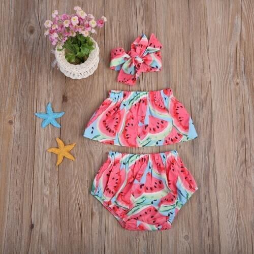 Summer Baby Toddler Girls Outfit Watermelon Print Ruffle Off Shoulder Crop Tops + Shorts Bottom + Headband 3PCS Set