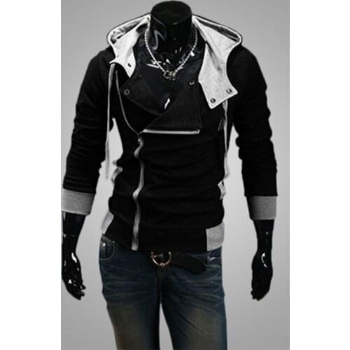 Fashion Spring And Autumn Mens Cardigan Jacket Single-Piece Mens Black Diagonal Zipper Hoodie Top Mens Outdoor Casual Coat