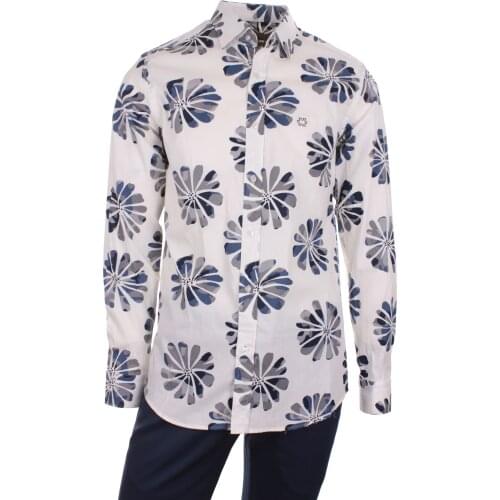 Gentilbay Mens Flowers Printed Lcyra Fabric White Slimfit Long-Sleeve Sport LC1003 Shirt