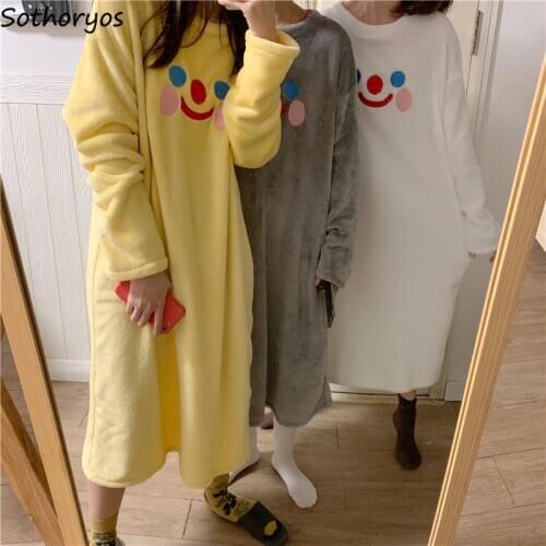 Women Nightgown Flannel Cartoon Sweet Lovely Sleepshirts Female Mid-calf Loose O-neck Homewear Korean Style Ins Chic Comfortable