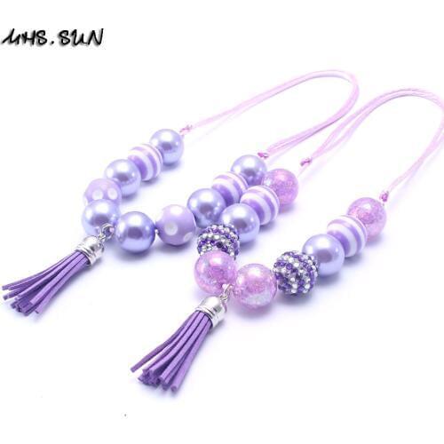 MSH.SUN 2Pcs Purple Acrylic Beads Necklace Adjustable Rope Necklace Chunky Bubblegum Necklace With Tassel For Kids Baby Gift