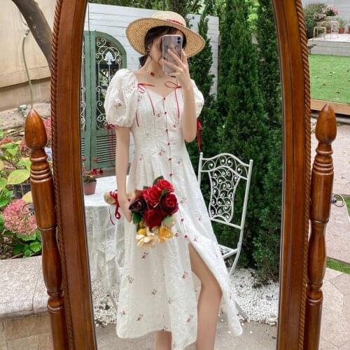 Floral Embroidery Dress Women Sweet Lace Up V Neck Puff Sleeve Jacquard Fairy Dress Girl Single Breasted Long Dress French Slim