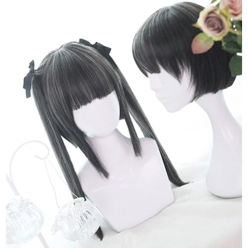 Mixed Black Dark Gray Kawaii Lolita Wig Short Wig Ponytails Harajuku Long Straight Hair Adult Chic Girls Women Daily Wear
